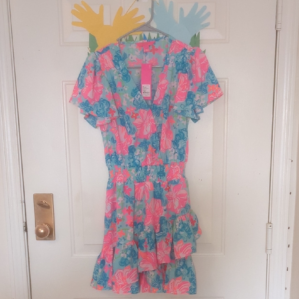 Lilly Pulitzer Pink and Blue Wrap Sundress with Flutter Sleeves